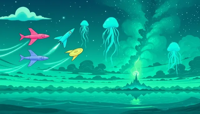 Moonjelly Fields title card: the four pilot ships over a teal jellyfish nebula
