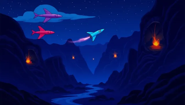 Chromatic Trench title card: the four pilot ships over an indigo canyon of glowing vents