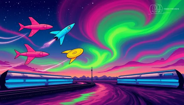 Rosefin Express title card: the four pilot ships over a rose and green aurora above light-rail trains